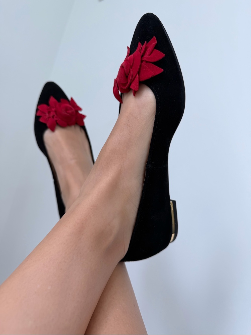 Talbots Black Flats with Red Floral Applique